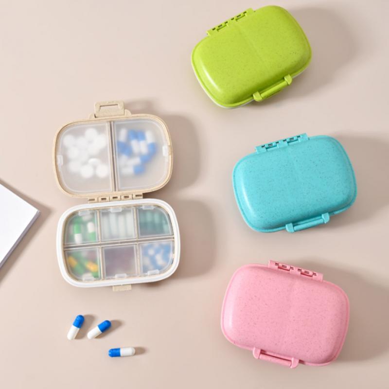 Mini Portable 8 Grids Pill Box Travel Medicine Organizer Container Wheat Sealed Tablets Storage Dispenser Box for Medicines