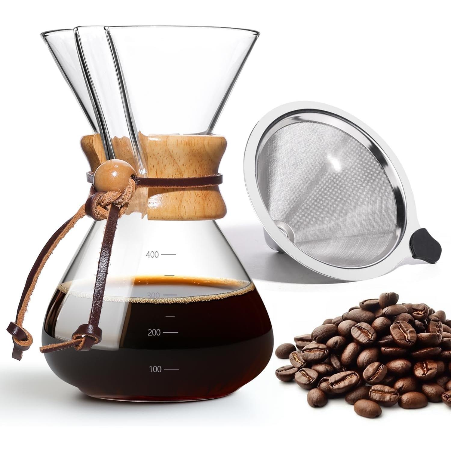 Кофеварка пуровер 27 унций (8 чашек), стеклянная (боросиликатное стекло) капельная кофеварка с многоразовым фильтром из нержавеющей стали и пробковой ручкой для домашнего кафе, 800 мл 400ML