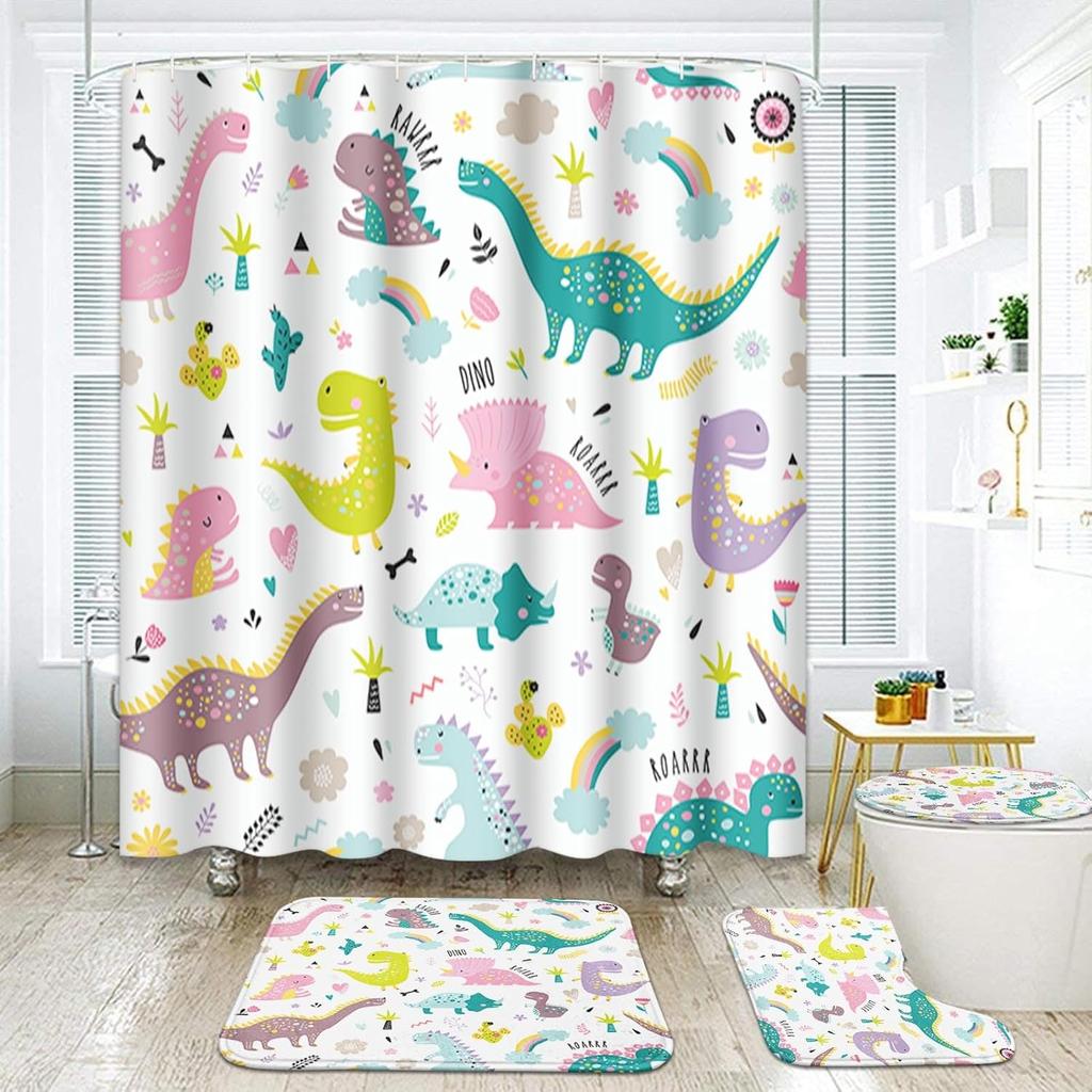 Dinosaur Bathroom Waterproof Shower Curtain Sets With Non-Slip Mat Rug Durable Bath Carpet Lid Toilet Cover Door Mats Bathing