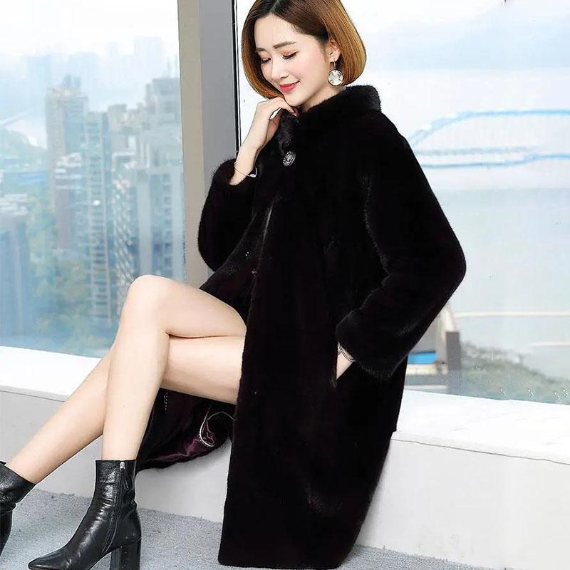 Autumn and Winter Women's Imitation Mink Fur Coat Mid-length Stand Collar Plus Cotton Thickened Loose and Thin Imitation Mink Fur Coat