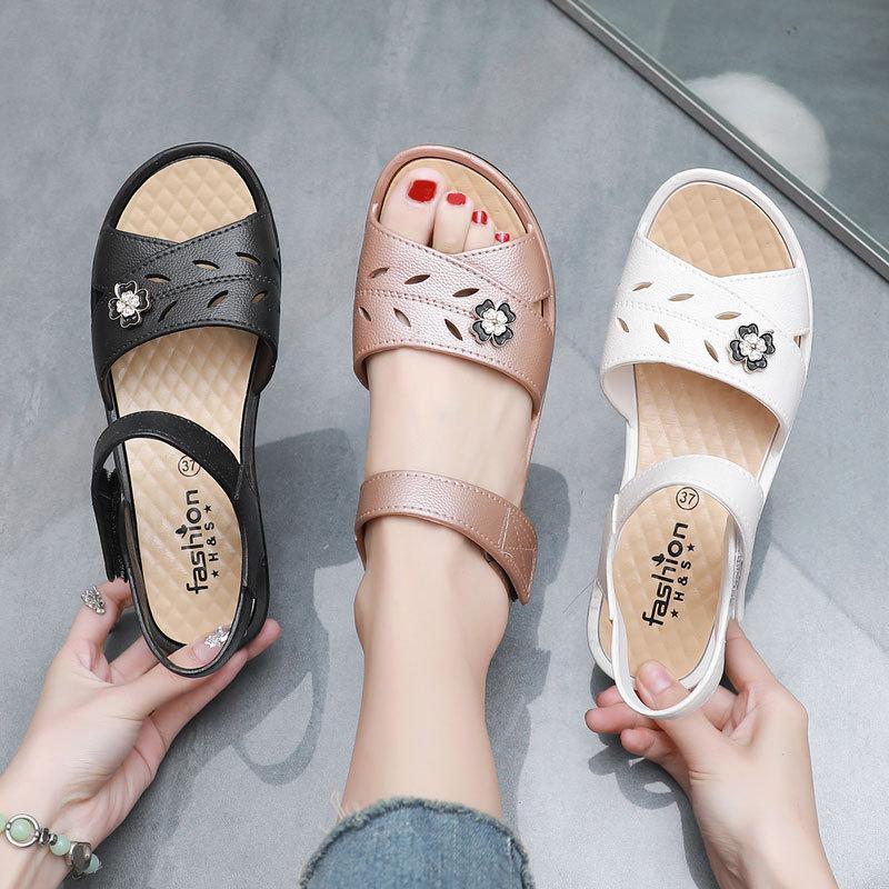Fashion 2025 New Women's Summer One Word Wedges Casual Sandal Soft Sole Non Slip Hook Outdoor Mom's Sandals Elderly Sandal