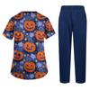 Women's Costume Set Short Sleeve Halloween Print Pocket Top and Pants 2 Piece Work Uniform