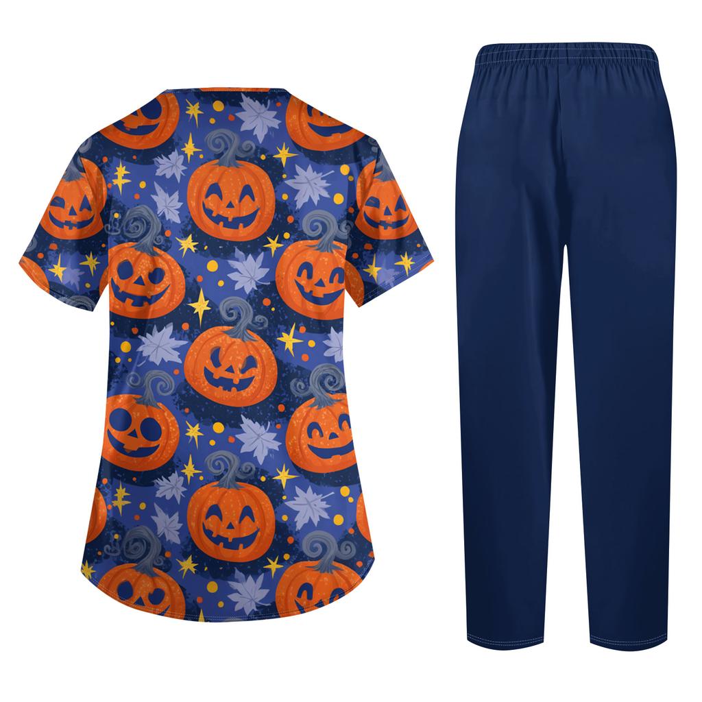 Women's Costume Set Short Sleeve Halloween Print Pocket Top and Pants 2 Piece Work Uniform