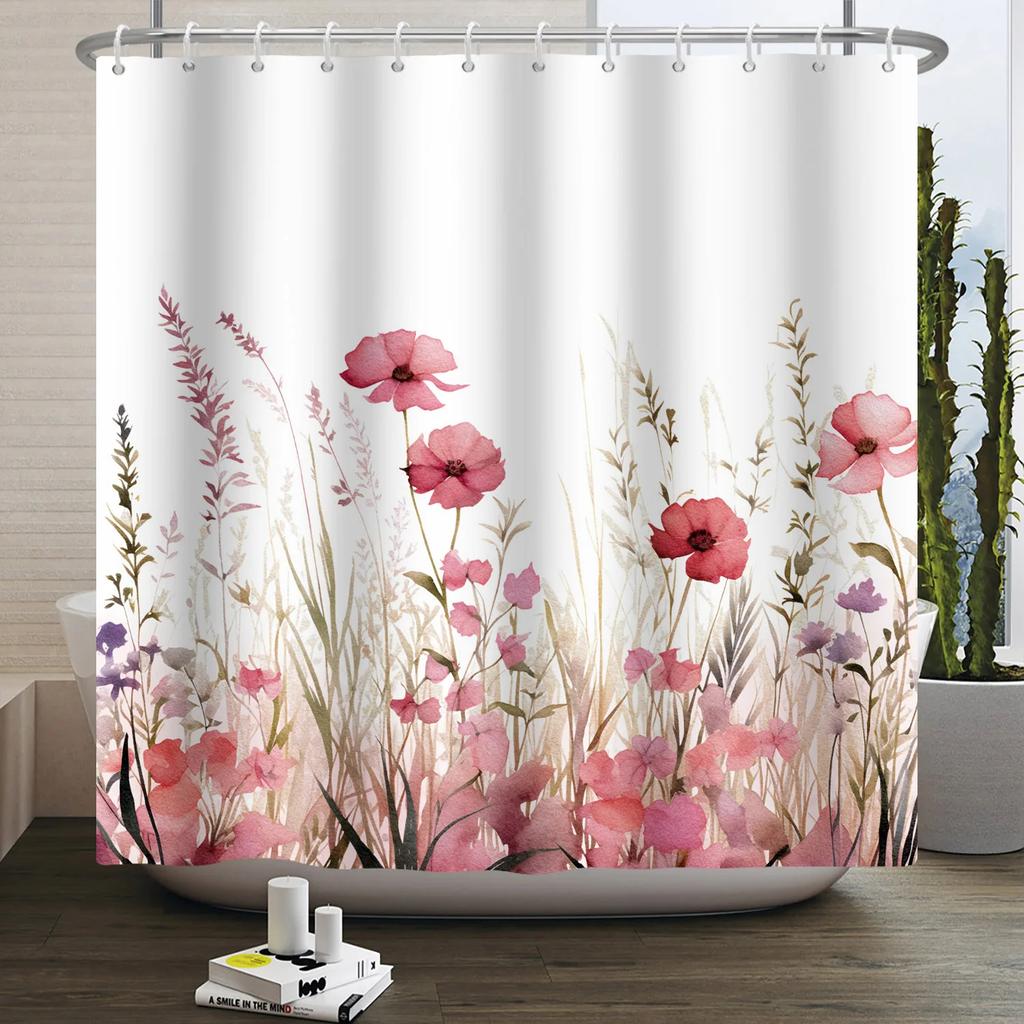 Watercolor Floral Shower Curtain for Bathroom Spring Elegant Flower Printed Bath Curtain Botanical Wildflower Bathroom Decor