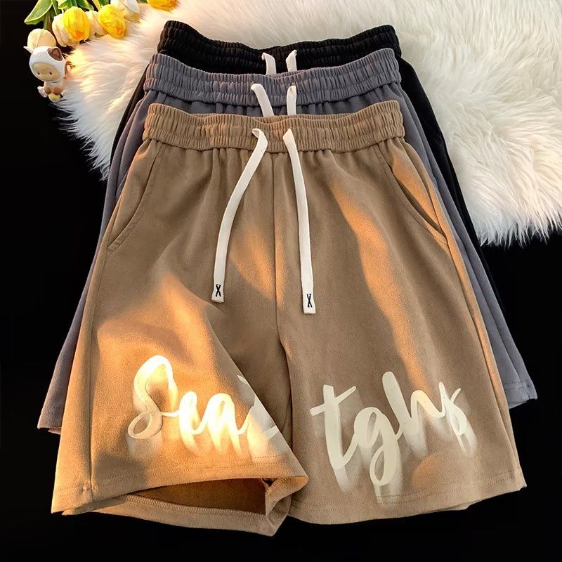 Pantaloncini Estivi Sportivi a Cinque Quarti con Stampa di Lettere Stile Europeo e Americano per Uomo con Coulisse Larghi