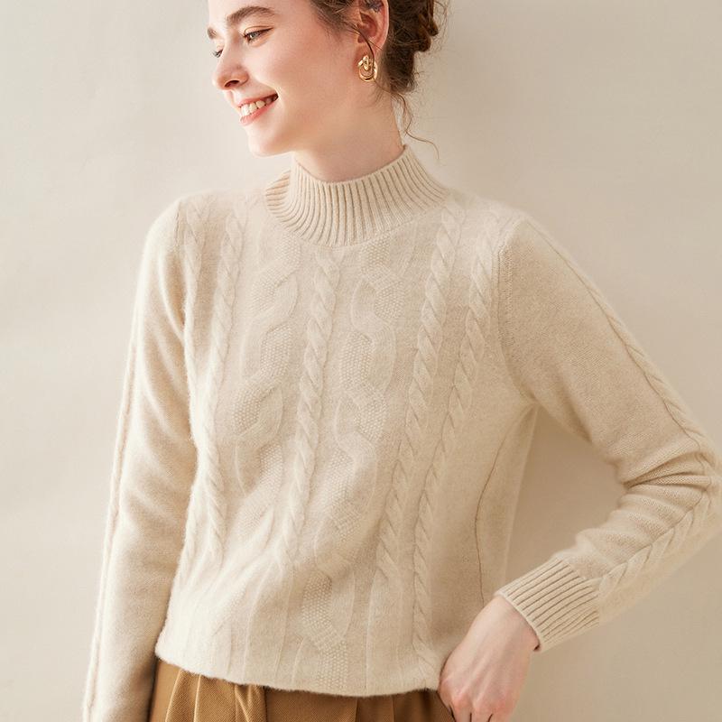 

Женский утолщенный кашемировый свитер - Полувысокая горловина, Вязка косами, Свободный крой, Универсальный для осени и зимы 2XL (135-150 lbs)