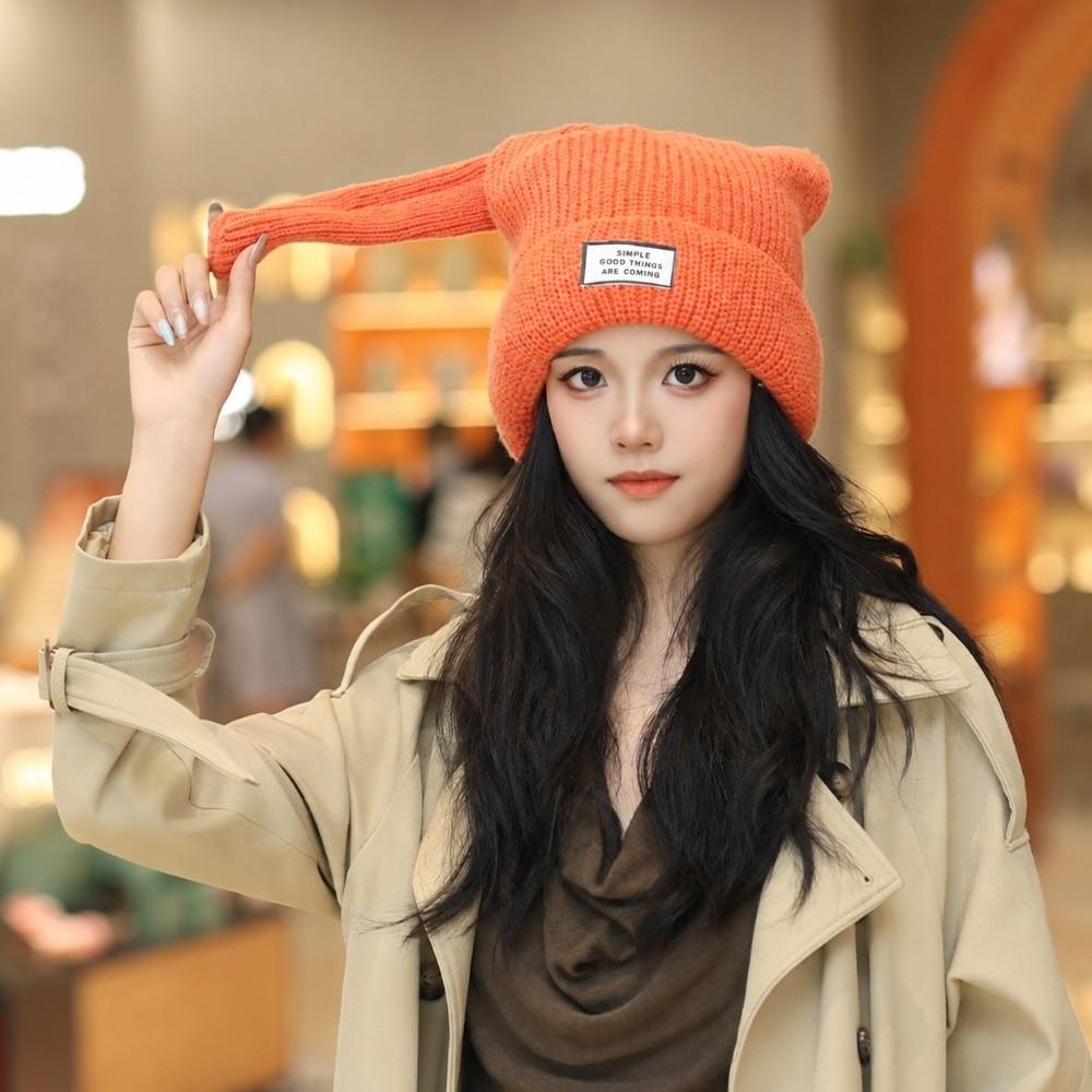 Windproof Women's Beanie Cap Long Rabbit Ears Women Knit Beanie Cute Ribbed Knit Cap Autumn Winter