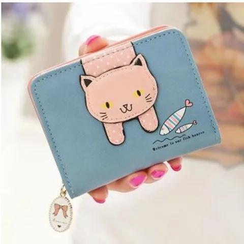Women's Wallet Short Card Holder Bag Cute Zipper Cartoon Cat Eating Fish Print Student Wallet Coin Purse Girls Wallet
