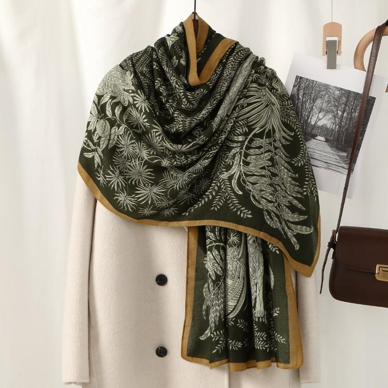 Hot-selling retro popular leaf messy long towel cotton and linen feel advanced leaf printing large size headscarf