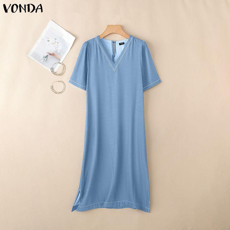 VONDA Summer Women Short Sleeve V Neck Solid Color Casual Long Straight Maix Dress 2XL