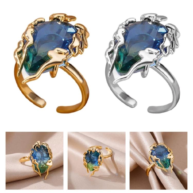 Fashionable Flame Teardrop Open Ring Blue Green Gradient Cubic Zirconia Lightweight Everyday Wear Jewelry Gift