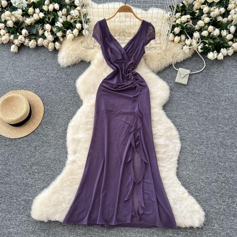 Women's Sexy Cross-sectional V-neck Short-sleeved Dress with A Cinched Waist and A Figure-hugging Slit Ruffled Dress
