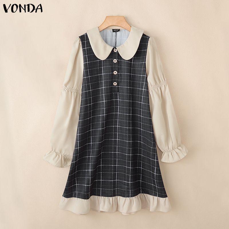 VONDA Women Lapel Neck Casual Long Sleeve Retro Plaid Patchwork Ruffled Shirts Dress