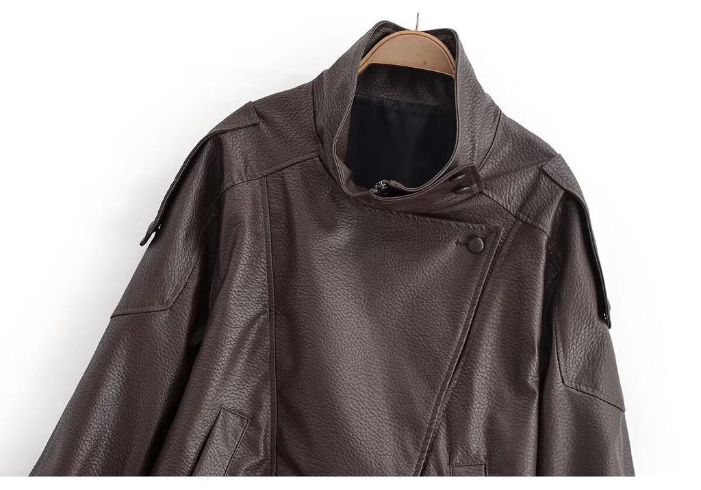 European Style Autumn/Winter Elegant Women's Lychee Pattern Leather Jacket