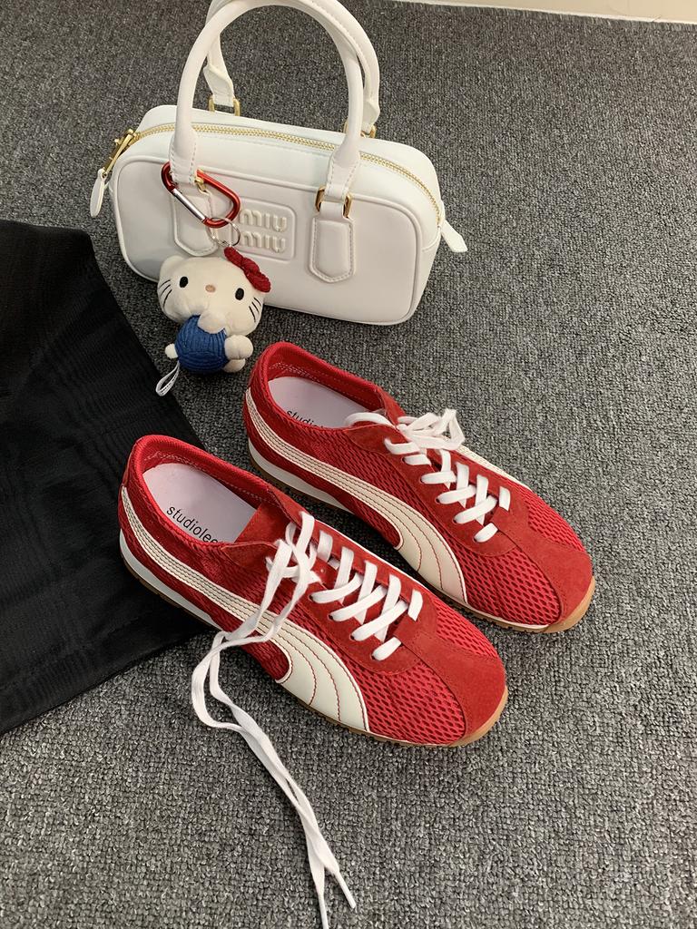 Cowhide~ Grape Mom Breathable Mesh German Training Shoes Women's Contrasting Color Lace-up Ugly Cute Forrest Gump Shoes Flat Casual Sports Shoes