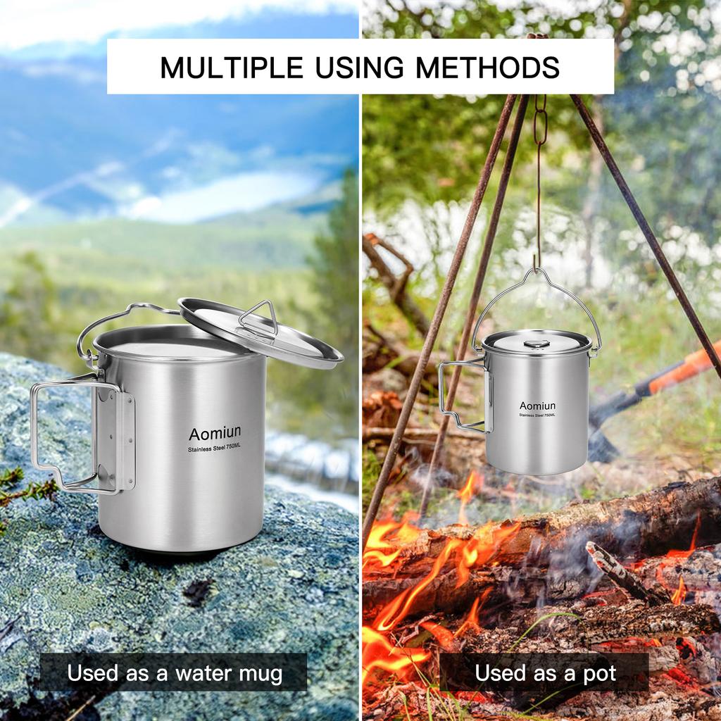 Aomiun 750ml Stainless Steel Pot Portable Water Mug Cup with Lid and Foldable Handle Outdoor Camping Cooking Picnic outdoor cup