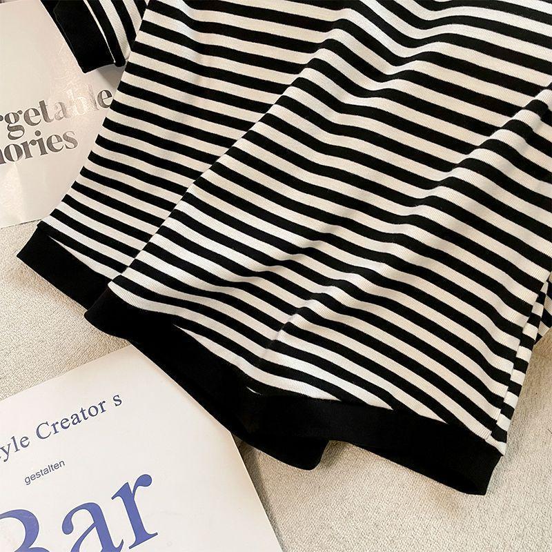 Women's Fashion Black Striped Summer Two-Piece Set: Casual Short-Sleeved Top and Wide-Leg Shorts