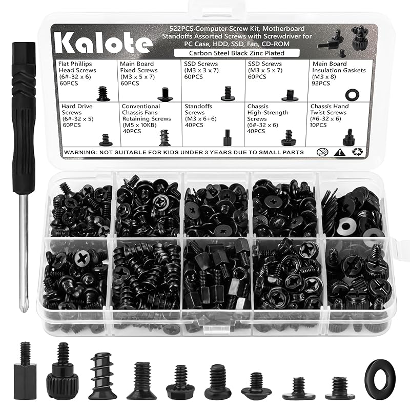 510PCS Computer Screws Assortment Kit, Carbon Steel Black Zinc Plated Motherboard Standoffs Screws PC Screws for HDD, SSD Hard Drive Fan, Power