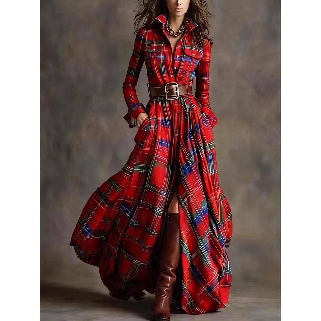 Französische Retro Karodruck Schlitz Lange Kleider Frau Elegant Umlegekragen Knopf Maxi Kleid Herbst Langarm Tasche Boho Kleid