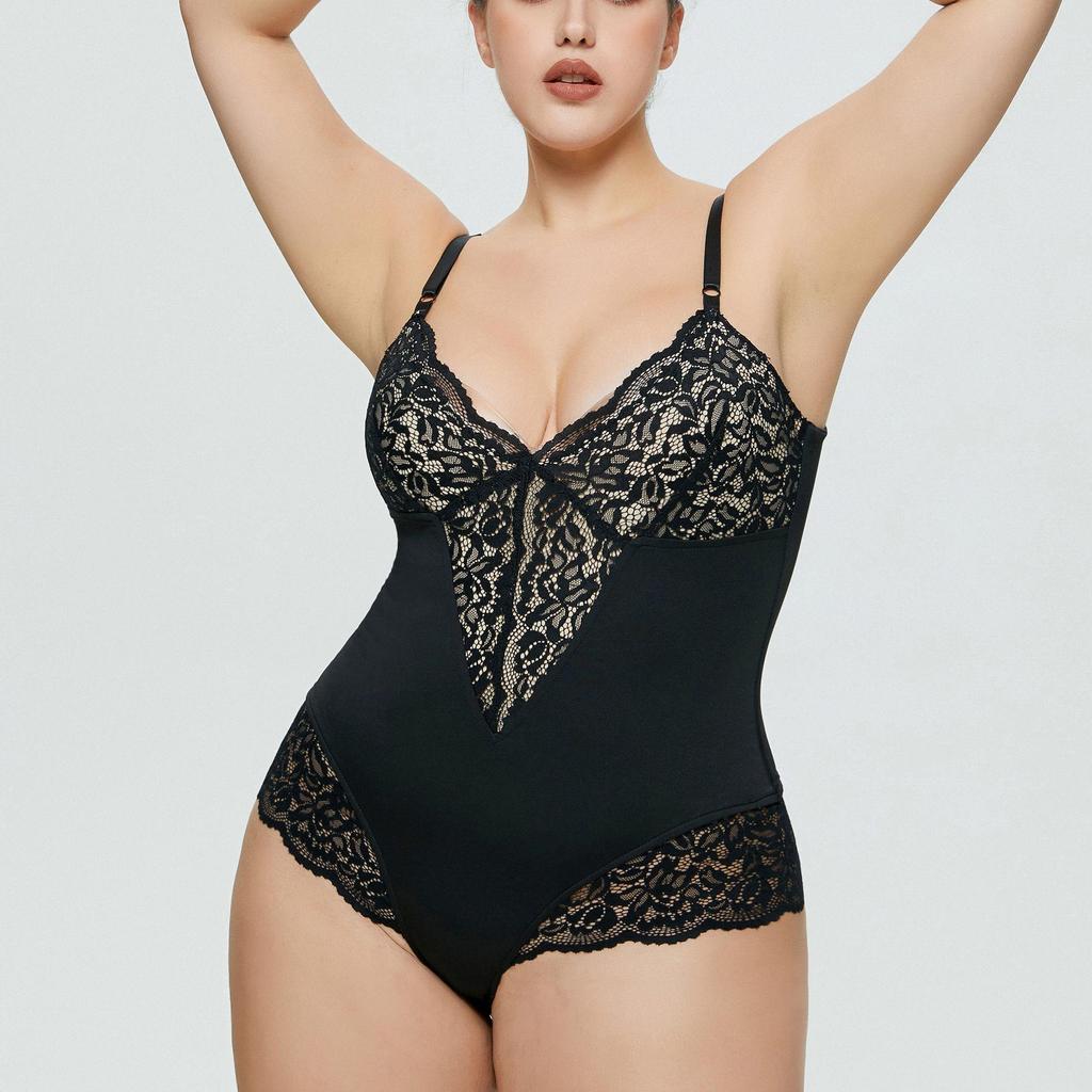 Plus Size Deep V Lace Splicing Women's Jumpsuit Lingerie Set