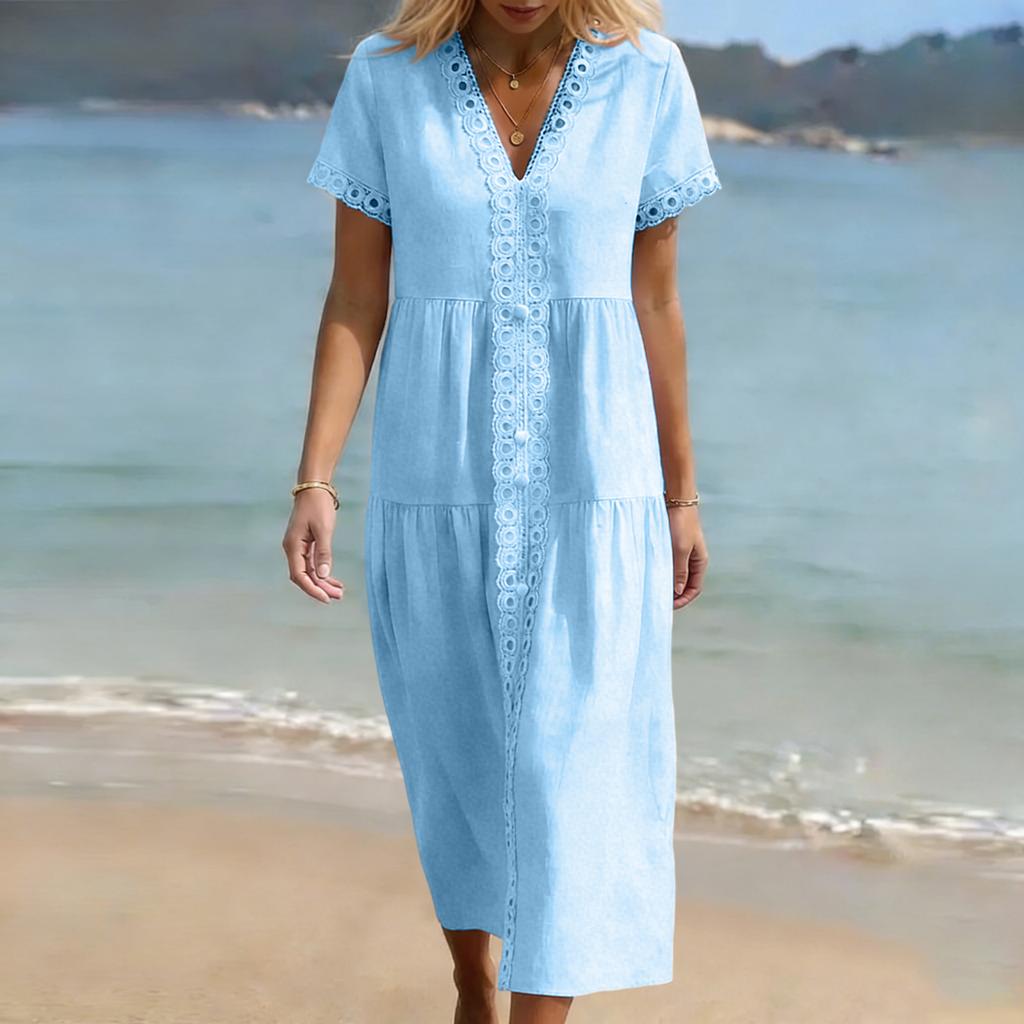 Damen Sommer Mode V-Ausschnitt Kurzarm Farbe Lässig Spitze Patchwork Kleid