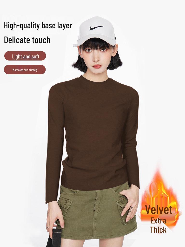 American-Style Women's White Round Neck Slim Fit Long Sleeve Base Layer Top for Spring/Autumn