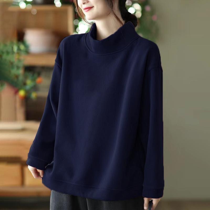Autumn Winter Plus Velvet Thick New High Neck Long Sleeved Base Shirt Women's Loose Top Plus Size Fat MM Casual Sweatshirt