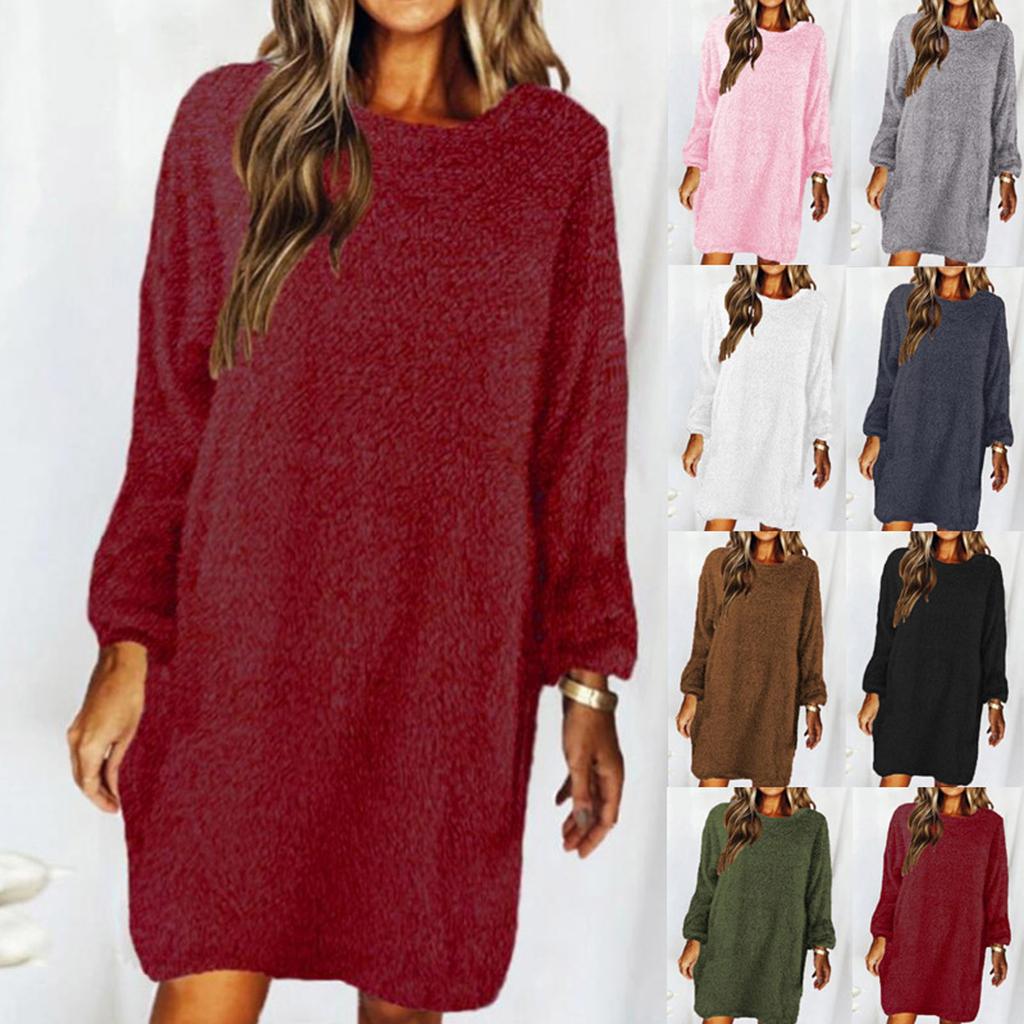 Fashion Women's Color Round Neck Long Sleeve Loose Plush Dress Sweater Dress
