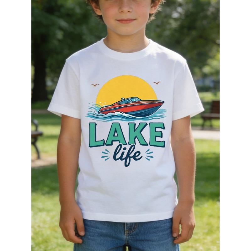 European sizes Lake Life Boat Print T-Shirt for Children, T-Shirt, Casual T-Shirt, Trendy T-Shirt, Outdoor Adventure Gear