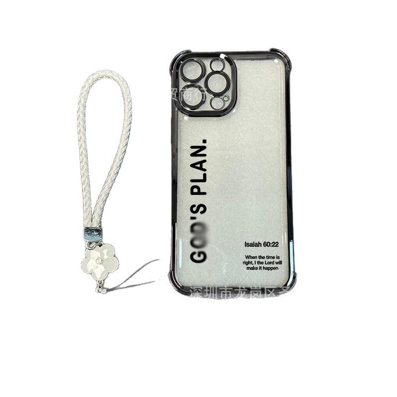 Black English Applicable iPhone17 mobile phone case four corners anti-drop airbag 16promax portable rope 15 protective case