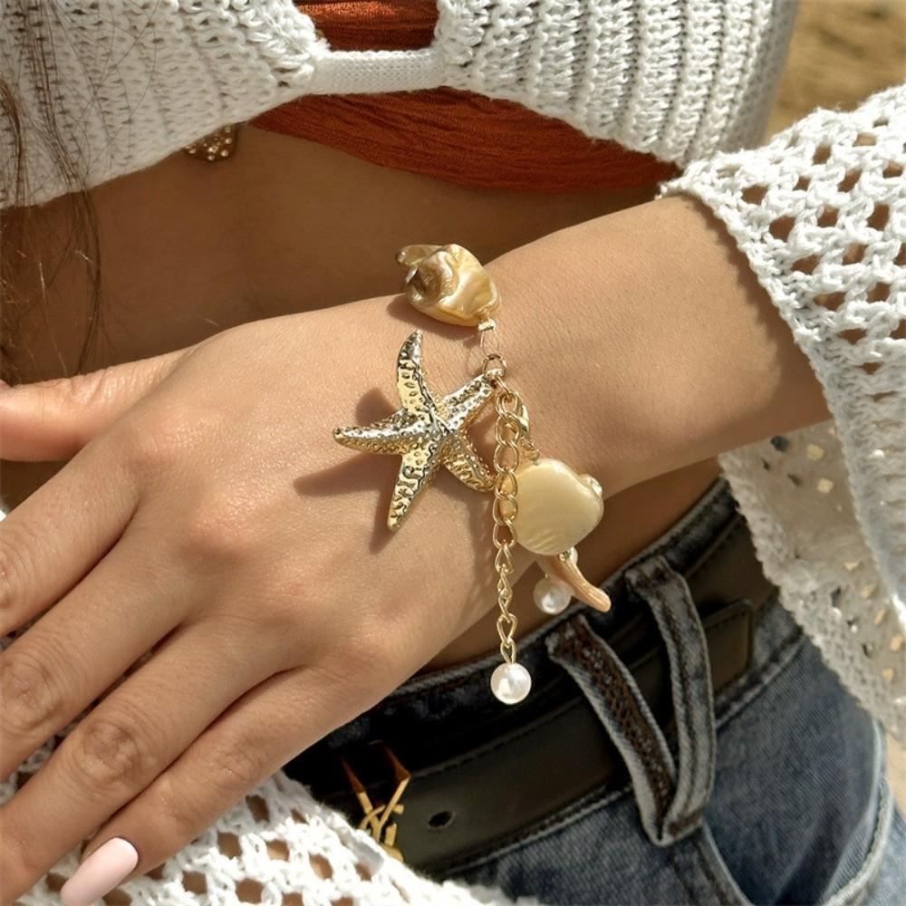 Beads Starfish Pendant Necklace Gold Color Beach Bracelet Vintage Sweater Chain Gifts