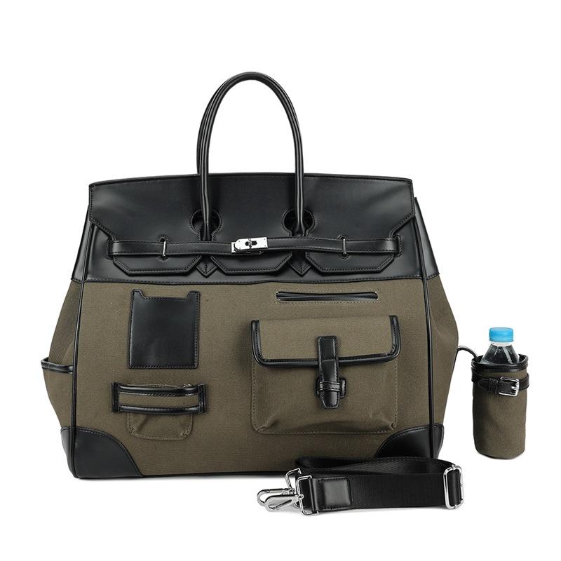

New contrasting color canvas color matching leather portable extra large leisure travel bag single shoulder crossbody men s and women s bags 45x23x35cm армія зелений колір