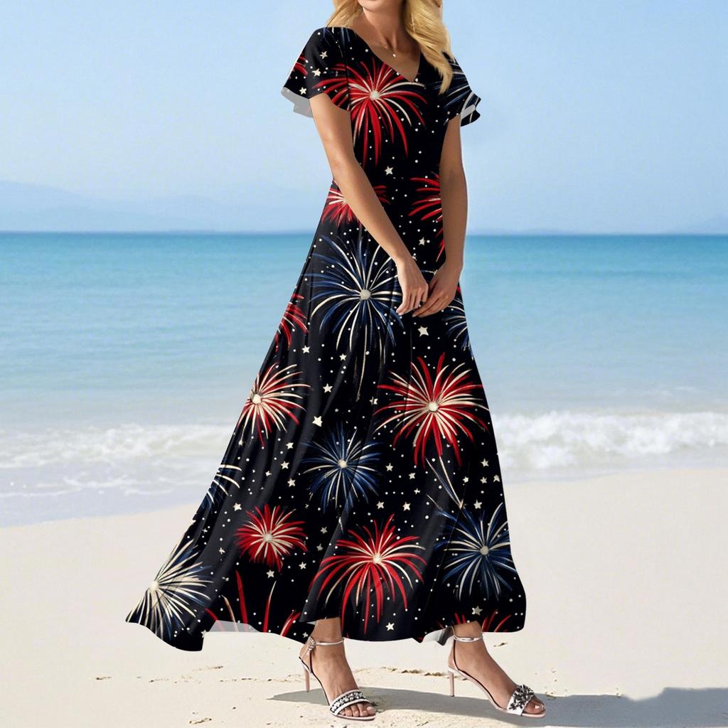 FashWomen's Loose Casual V-Neck Short Sleeved High Waisted Print Dress