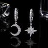 Sterling Silver Moissanite Star Moon Mismatched Dangle Earrings Platinum Plated Micro Paved Sparkly Star and Moon Women Earrings