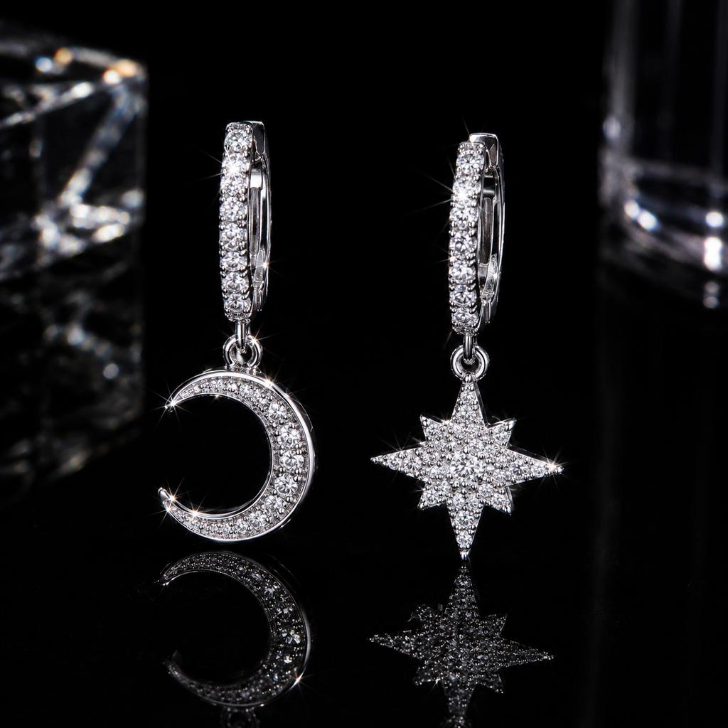 Sterling Silver Moissanite Star Moon Mismatched Dangle Earrings Platinum Plated Micro Paved Sparkly Star and Moon Women Earrings