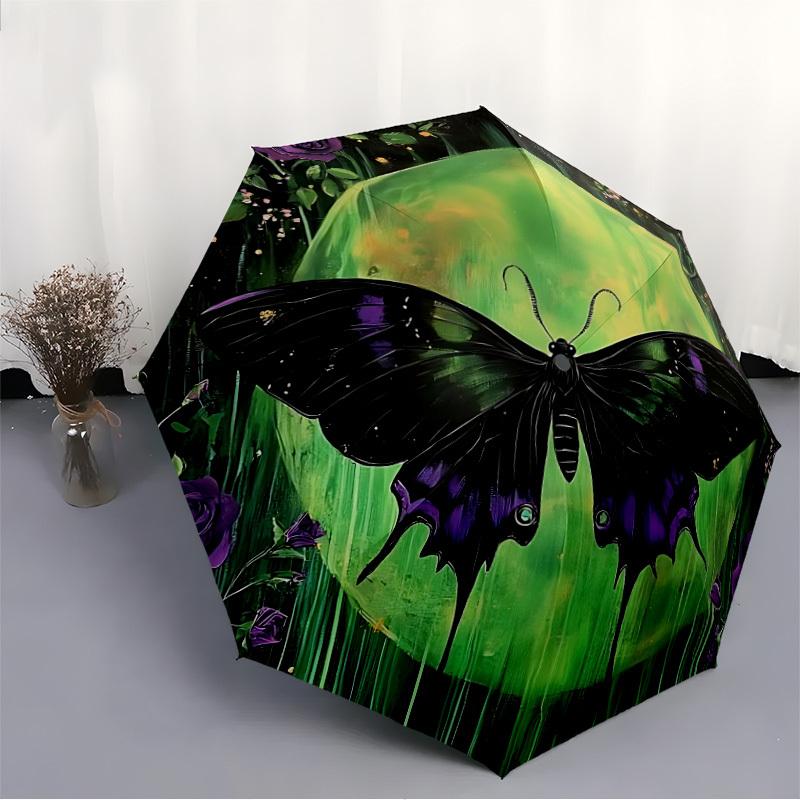 1pc Butterfly Moon Automatic Folding Umbrella Compact Lightweight Travel Umbrella with 8-Rib Sturdy Frame, Windproof & Self032
