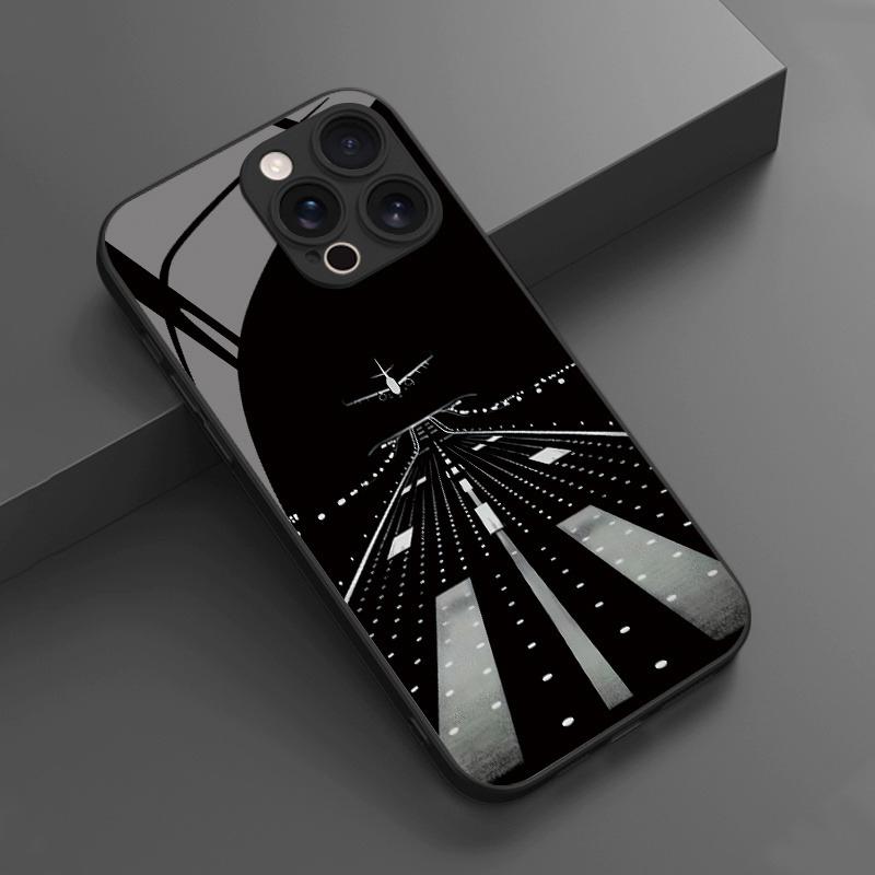 Night View Runway Airplane Tempered Glass Black Phone Case For iPhone 11 12 13 14 15 16 17 Pro Max 17 Air 7 8 Plus XS X XR Cover