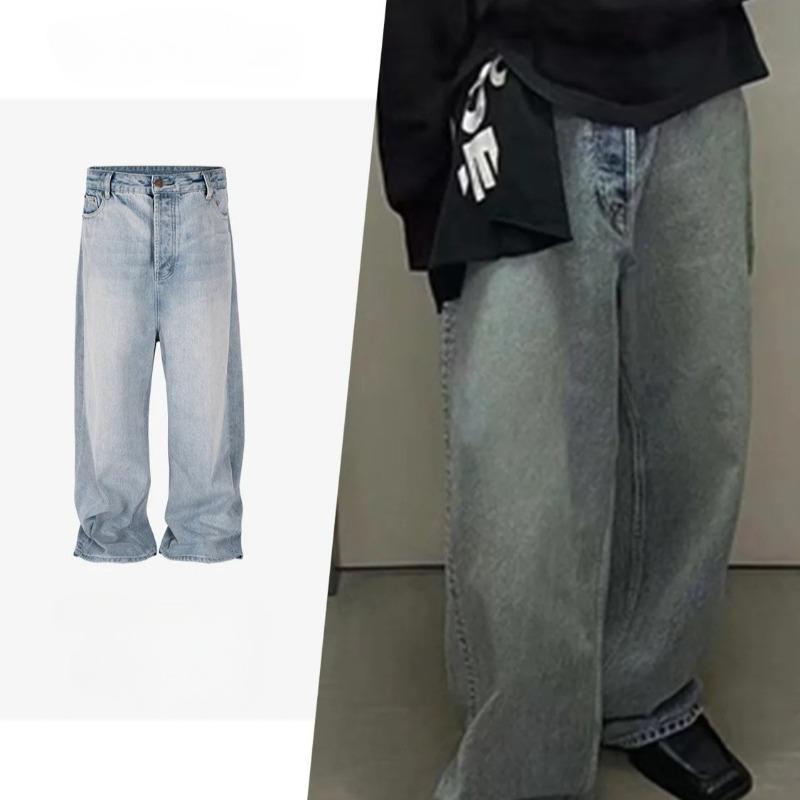 Unisex Autumn Winter High Street Baggy Jeans Straight Leg Dad Pants Kenijima Same Style Blue Denim Trousers