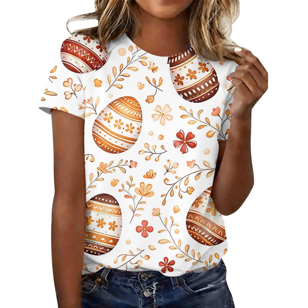 Modieus casual T-shirt met korte mouwen en raglanmouwen voor dames met paasprint.