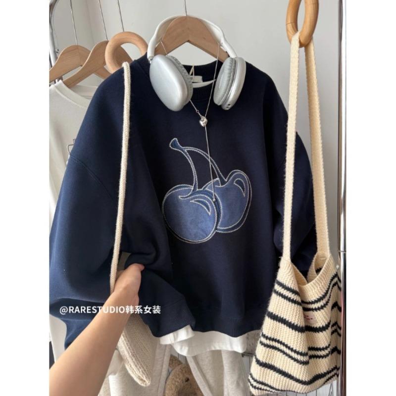 #[Imitation cotton real catties heavy industry embroidery fleece sweater women's autumn and winter