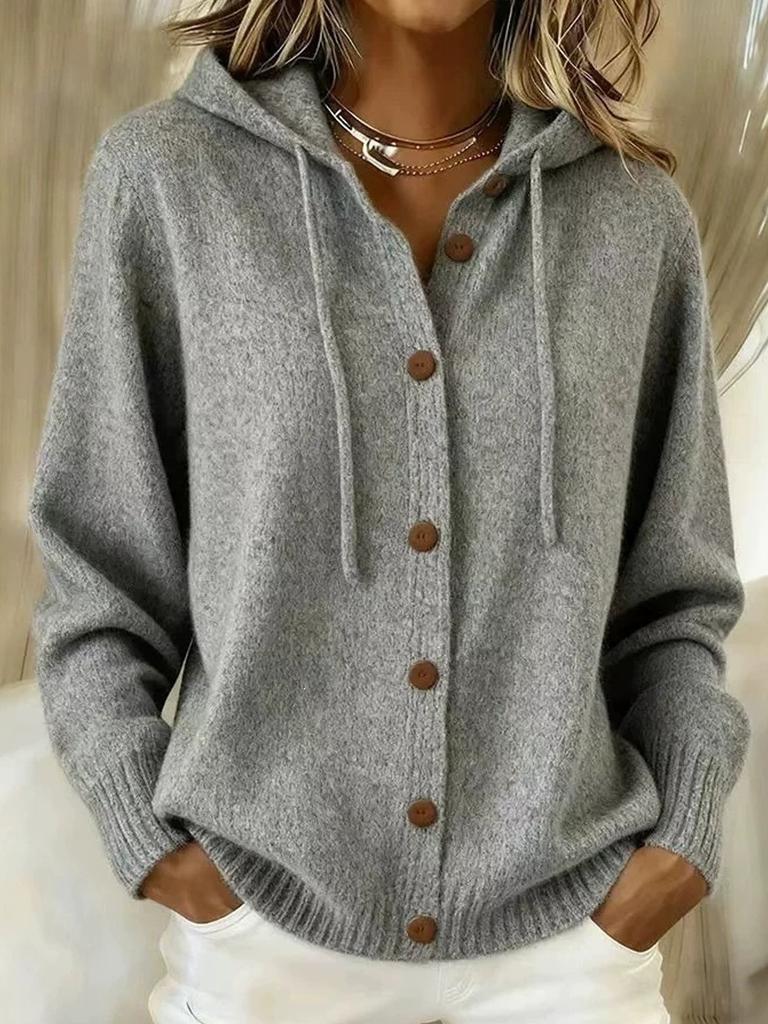 2026 Europäischer und Amerikanischer Knopfstrick Kapuzenpullover Cardigan Jacke Herbst und Winter Neu Einfarbig Lässig Mode Damenbekleidung