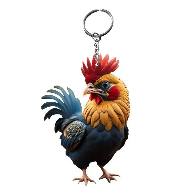 Acrylic Cute Car Keychain Backpack Pendant Cartoon Cock Key Holder Handicraft Ornaments Flat Chicken Key Ring Christmas Gift