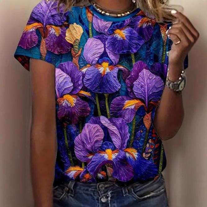 Summer Casual Style Round Neck Pullover Short Sleeved Top with 3D Floral Pattern Printed Women's T-shirts