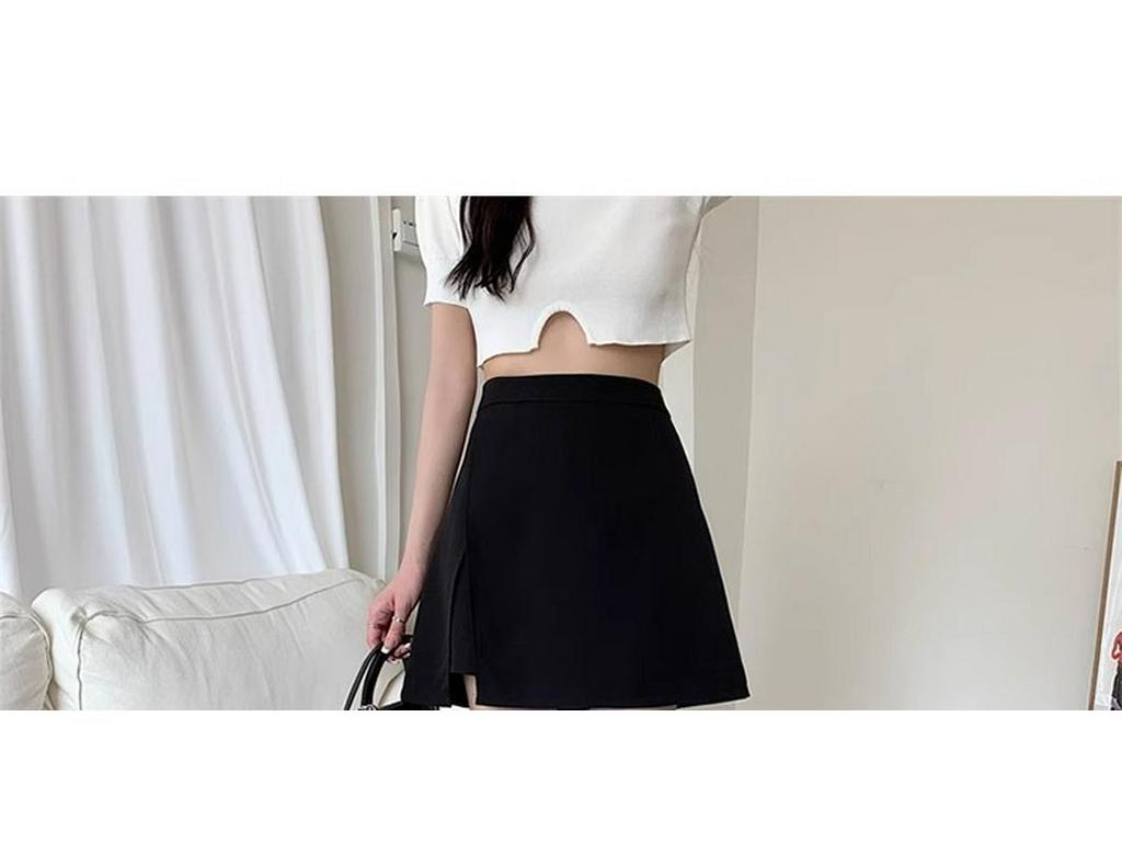 Plus Size Black High-Waist Midi Skirt with Slit - Slimming A-Line Skort for Summer 2024
