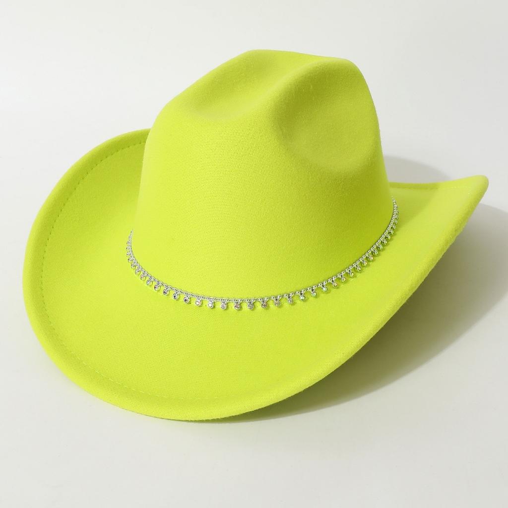 New European and American style flat-top woolen hat, western cowboy hat, unisex hat, equestrian hat with single row of rhinestones