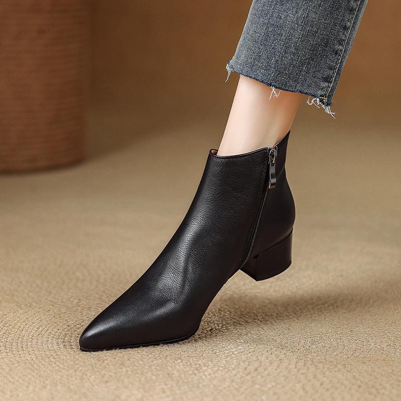 

Мода 2025 Новые Осенние Женские Ботинки Натуральная Кожа Женская Обувь Заостренный Носок Массивный Каблук Обувь Современные Ботильоны Лаконичные Ботинки Челси 34