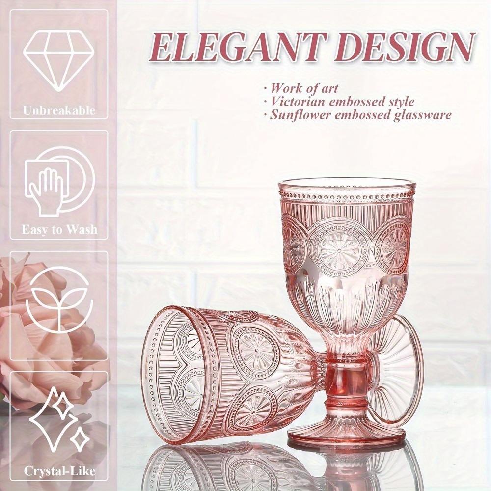 6pcs Vintage Plastic Wine Glasses with Sunflower Reliefs in Pink/ Blue, 12 Ounces, Suitable for Wedding Toasting and Party