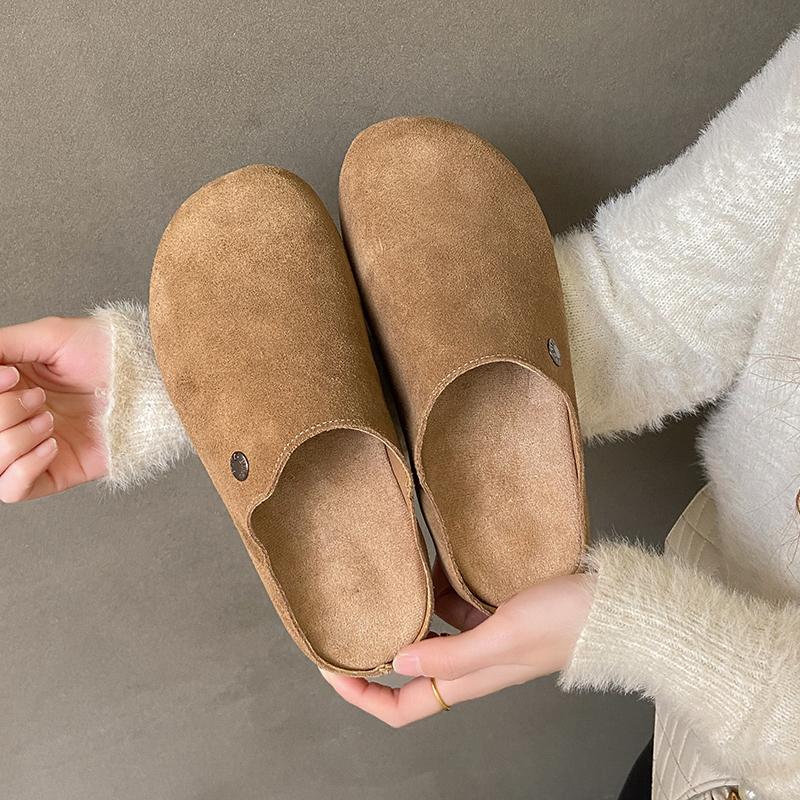 Fashion Women's Fashion Baotou Flat Shoes Spring New Round Head Deep Mouth Suede Rivet Anti-slip Wear-resistant Slippers