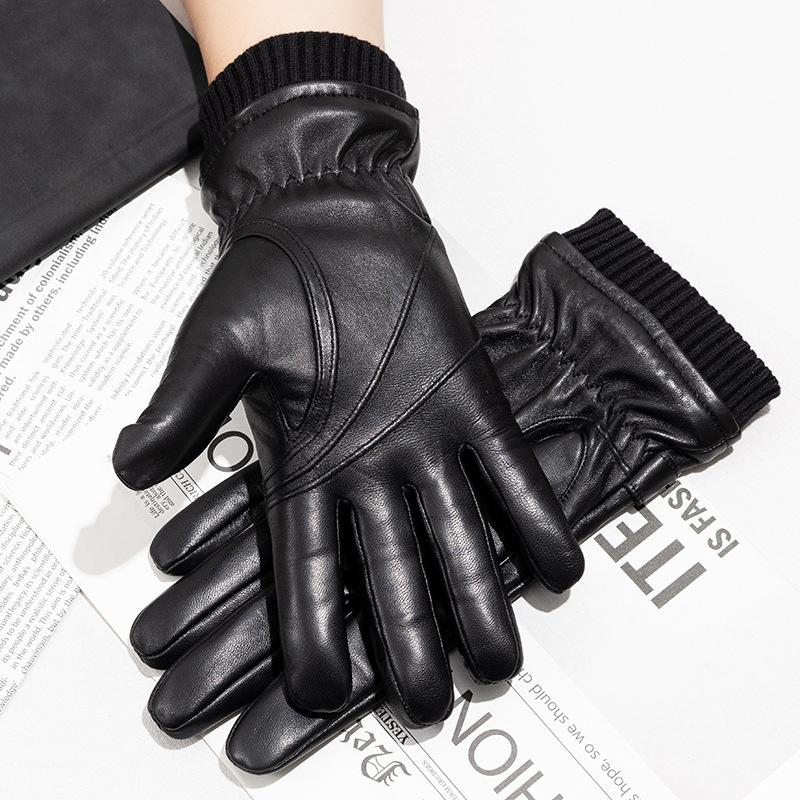 Herren Echtleder Schafsleder Erwachsener Drei Lagen Touchscreen Winter Warm Fahrradhandschuhe