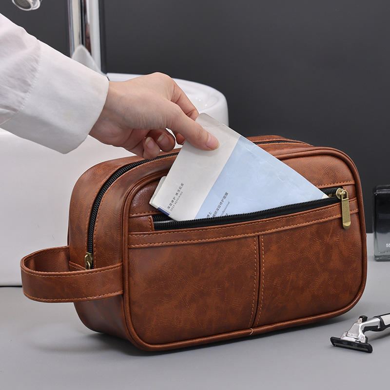 Business Travel Portable Men's Toiletry Bag Fashion Retro Leather Thickened Cosmetic Bag Handbag